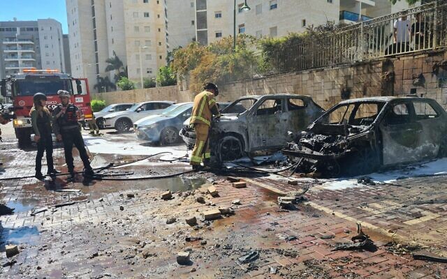 Damage from a rocket impact in Ashkelon, October 13, 2023. (Courtesy: fire and rescue services) Damage from a rocket impact in Ashkelon, October 13, 2023. (Courtesy: fire and rescue services)